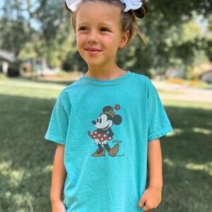 Peut inclure: Un t-shirt turquoise avec un motif de Minnie Mouse. Le personnage de dessin anim&eacute; porte une jupe &agrave; pois rouges, un chapeau avec une fleur et des chaussures marron. Le t-shirt a un col rond et des manches courtes. Le mot "Disney" est imprim&eacute; en dessous.