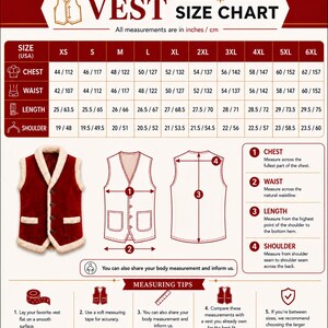 Santa Claus velvet vest size chart featuring detailed chest, waist, length, and shoulder measurements in both inches and centimeters for sizes XS through 6XL. This professional sizing guide includes front and back vest measurement diagrams, step-by-step measuring instructions, body measurement option, and helpful fitting tips to ensure the perfect fit before ordering. Designed for handmade Santa Claus vests, Father Christmas costumes, Christmas waistcoats, holiday apparel, festive cosplay.