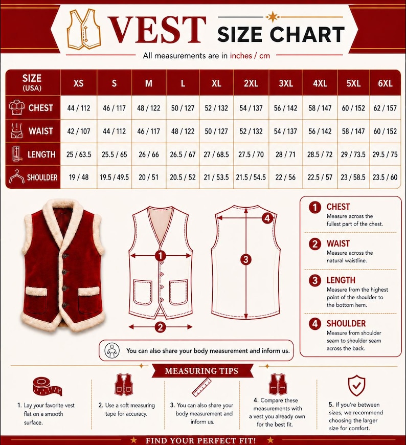 Santa Claus velvet vest size chart featuring detailed chest, waist, length, and shoulder measurements in both inches and centimeters for sizes XS through 6XL. This professional sizing guide includes front and back vest measurement diagrams, step-by-step measuring instructions, body measurement option, and helpful fitting tips to ensure the perfect fit before ordering. Designed for handmade Santa Claus vests, Father Christmas costumes, Christmas waistcoats, holiday apparel, festive cosplay.