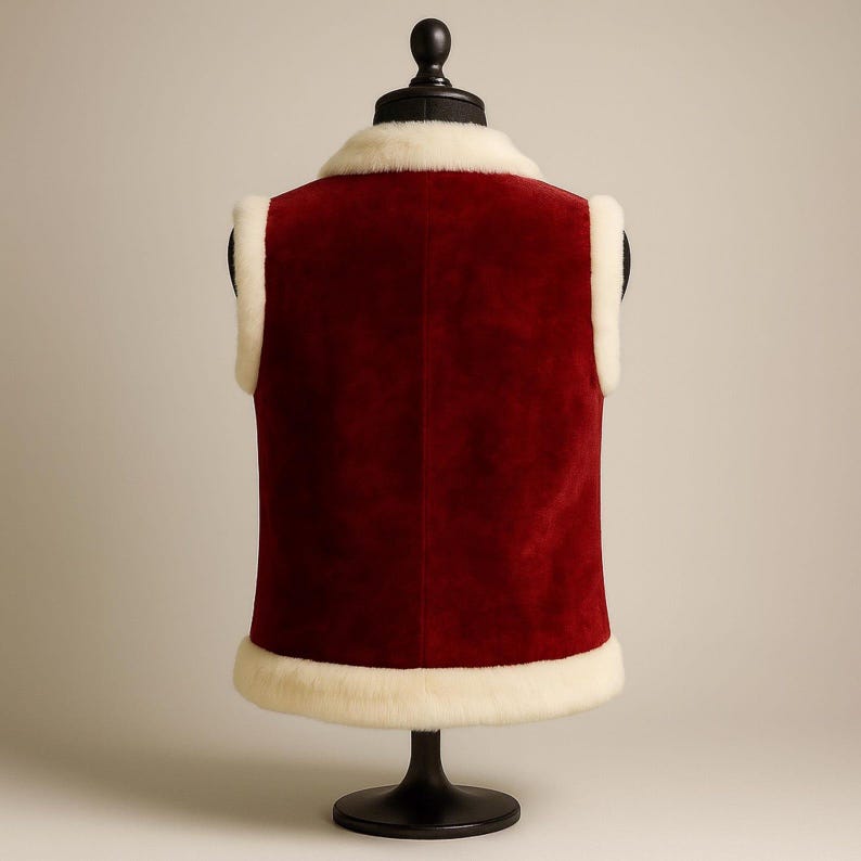 Back view of a premium handmade Santa Claus velvet vest featuring rich red velvet fabric with luxurious white faux fur collar and bottom trim. The clean seamless back design provides a professional and elegant Santa appearance while offering comfort and freedom of movement. Ideal for Santa Claus costumes, Father Christmas outfits, holiday entertainers, Christmas parties, festive parades, winter festivals, cosplay events, professional Santa performers, Christmas photography, stage performances.
