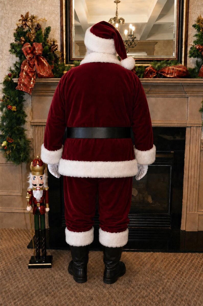 Handmade Burgundy Velvet Santa Claus Costume For Adults With Faux Fur 