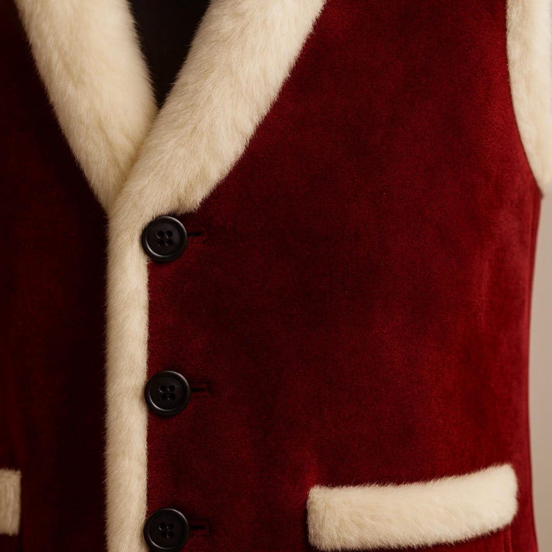 Close-up detail of a handmade Santa Claus vest showcasing premium red velvet fabric, ultra-soft white faux fur trim, durable black button closure, reinforced stitching, and luxury craftsmanship. The plush faux fur shawl collar and neatly finished pocket trim highlight the quality construction and elegant festive design. Perfect for Santa Claus costumes, Father Christmas outfits, Christmas cosplay, holiday parties, professional Santa performers, Christmas parades, winter festivals.