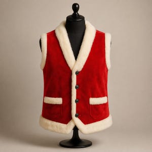 Premium handmade Santa Claus vest in vibrant bright red velvet with luxurious white faux fur trim and classic four-button front closure. Designed with a timeless sleeveless silhouette, soft faux fur shawl collar, front patch pockets, and plush hem for maximum comfort and authentic Christmas style. Ideal for Santa Claus costumes, Father Christmas outfits, Christmas parties, holiday celebrations, festive events, professional Santa performers, Christmas cosplay, winter festivals, stage performances
