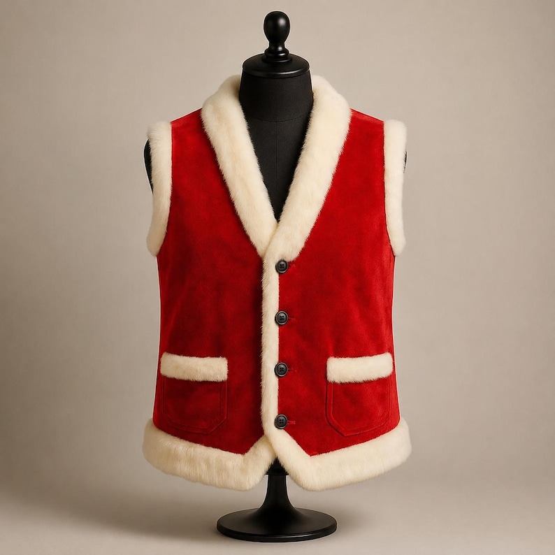 Premium handmade Santa Claus vest in vibrant bright red velvet with luxurious white faux fur trim and classic four-button front closure. Designed with a timeless sleeveless silhouette, soft faux fur shawl collar, front patch pockets, and plush hem for maximum comfort and authentic Christmas style. Ideal for Santa Claus costumes, Father Christmas outfits, Christmas parties, holiday celebrations, festive events, professional Santa performers, Christmas cosplay, winter festivals, stage performances