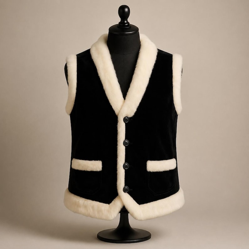 Luxury handmade black velvet Santa-inspired vest featuring elegant white faux fur shawl collar, plush faux fur trim, button-front closure, sleeveless design, and functional front pockets. A modern twist on the traditional Santa vest, perfect for Christmas parties, holiday dinners, winter events, festive fashion, Victorian Christmas outfits, theatrical performances, cosplay, gothic Christmas style, luxury holiday apparel, premium velvet vest, Christmas costume accessory, handmade festive clothing
