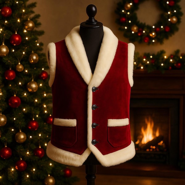 Santa-Inspired Burgundy Velvet Vest with White Faux Fur Trim Christmas Party Waistcoat Holiday Festive Costume Outfit Santa Claus Vest