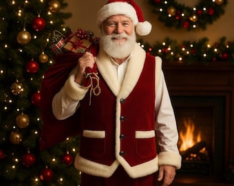 Könnte beinhalten: Eine als Weihnachtsmann verkleidete Person trägt eine rote Samtweste mit weißem Kunstfellbesatz, eine passende rote Mütze mit weißem Bommel und ein weißes Hemd. Die Person trägt einen großen roten Sack voller Geschenke über der Schulter.