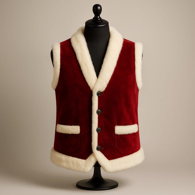 Front view of a handmade Santa Claus velvet vest crafted from premium soft red velvet with luxurious white faux fur trim. Features a classic shawl collar, four-button front closure, two functional front patch pockets, comfortable sleeveless design, and plush faux fur hem for an authentic Santa Claus appearance. Ideal for professional Santa performers, Father Christmas costume, Christmas cosplay, holiday parties, winter festivals, Christmas events, mall Santa, stage performances.