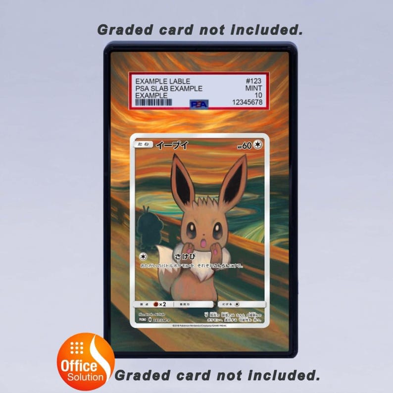 May include: A graded card example featuring a Pok&eacute;mon card with an Eevee illustration, set against a backdrop reminiscent of a famous painting. The card is encased in a protective holder with a label and number details. Text on the card includes Japanese characters.