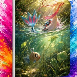 May include: A rectangular binder featuring a vibrant rainbow paint splatter border surrounding a central illustration of a long, slender, cream-colored aquatic creature with red accents swimming above a small, round, tan fish in a lush underwater scene.