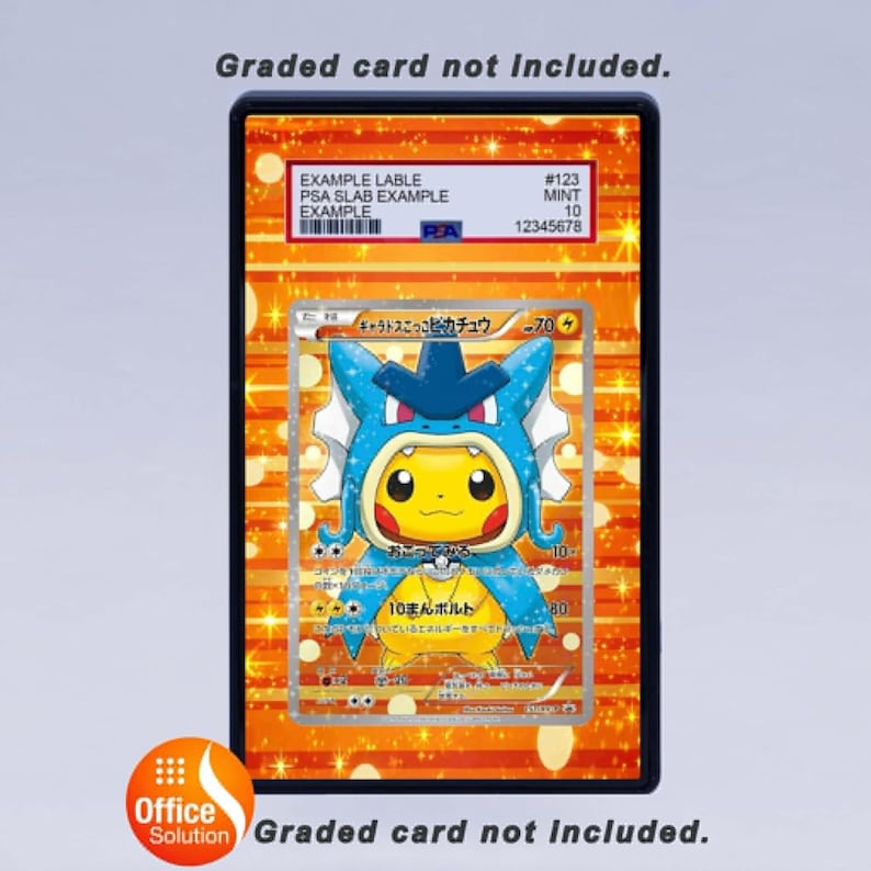 May include: A graded Pok&eacute;mon card featuring Pikachu in a blue costume, encased in a protective case. The card has Japanese text and a PSA label with a serial number and grade. The background is orange with a grid pattern.