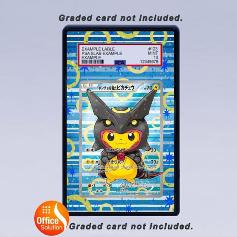 May include: A graded Pok&eacute;mon trading card featuring Pikachu in a Rayquaza poncho. The card is encased in a protective slab with a blue and white patterned background. The text "Graded card not included" is visible.