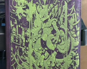 Mewtwo in a Test Tube Purple and Green Laser Engrave Ringless Zipper Binder 9 Slot  Pocket Binder Pokemon