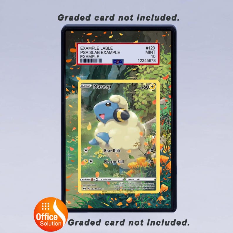 May include: A Pok&eacute;mon trading card featuring a Mareep character, set within a protective case. The card has a yellow border and includes the text "Rear Kick" and "Electro Ball." The case has a label with example information and the text "Graded card not included."