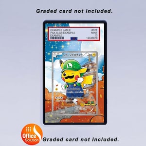 May include: A graded card featuring a cartoon Pikachu dressed as Luigi, with Japanese text and the words "MARIO PIKACHU". The card is encased in a black holder with a label that includes the text "EXAMPLE LABLE" and a serial number. The text "Graded card not included" is also present.