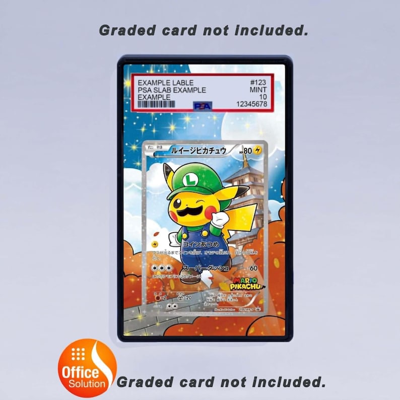 May include: A graded card featuring a cartoon Pikachu dressed as Luigi, with Japanese text and the words "MARIO PIKACHU". The card is encased in a black holder with a label that includes the text "EXAMPLE LABLE" and a serial number. The text "Graded card not included" is also present.
