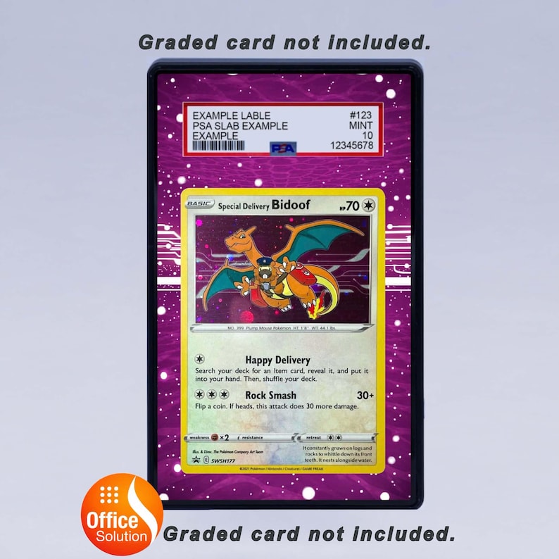 May include: A framed Pok&eacute;mon trading card featuring a Charizard-Bidoof hybrid. The card has a purple background with white speckles and the text "Special Delivery Bidoof." The frame has a black border. The text "Graded card not included" is at the top and bottom.