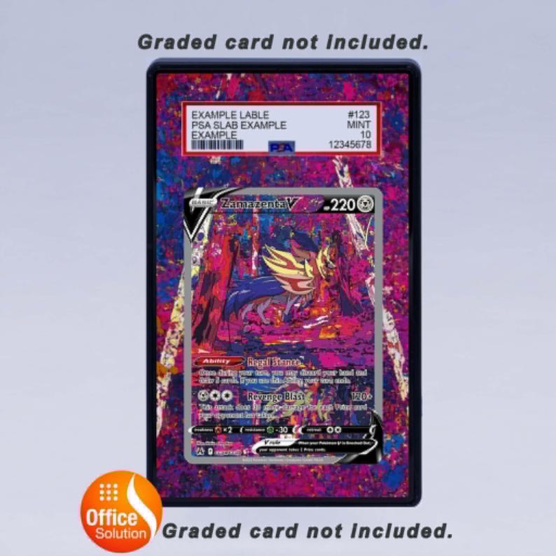 May include: A graded card in a black case with a colorful background. The card features the text "Zamazenta V" and other details. The case has a label with the text "EXAMPLE LABLE" and "#123 MINT 10". The text "Graded card not included" is also present.