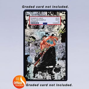 May include: A graded card holder with a vibrant manga illustration of a character wielding swords. The holder displays a PSA label with example details. The text "Graded card not included" is also visible.