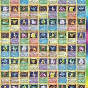 May include: A collection of vintage Pokémon trading cards, featuring various colorful characters and designs. The cards are arranged in a grid pattern, showcasing a variety of Pokémon from different generations. The cards have a yellow background.