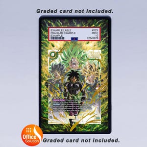 May include: A graded trading card featuring multiple characters from the Dragon Ball series. The card is encased in a black holder with a label displaying example information and a PSA grade. The background is a vibrant green and gold.