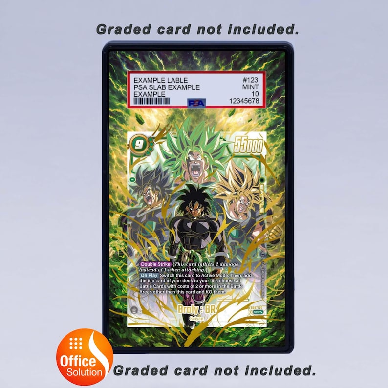 May include: A graded trading card featuring multiple characters from the Dragon Ball series. The card is encased in a black holder with a label displaying example information and a PSA grade. The background is a vibrant green and gold.