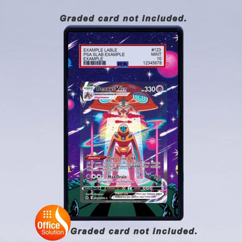May include: A graded trading card featuring a Deoxys VMAX character with a colorful cosmic background. The card is encased in a protective holder with a label that includes a serial number and grade information. The text "Graded card not included" is displayed.