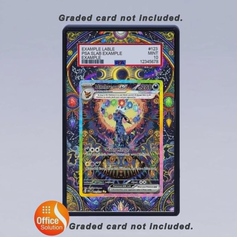 May include: A graded card example with a colorful Umbreon EX trading card inside a black case. The case has a decorative border and a label with the text "EXAMPLE LABLE" and other details. The text "Graded card not included" is also present.