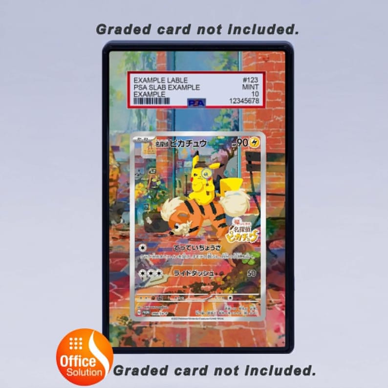 May include: A graded card holder with a Pok&eacute;mon trading card inside. The card features Pikachu and Growlithe characters. The holder has a PSA label with example information and a barcode. The text "Graded card not included" is also present.