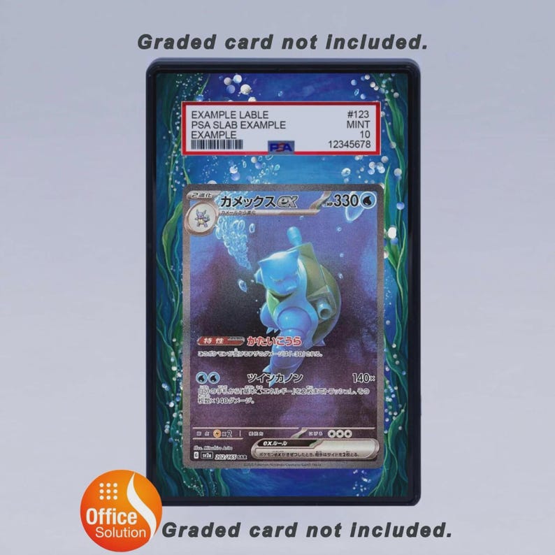 May include: A graded trading card featuring a blue cartoon character with Japanese text. The card is encased in a black holder with a blue and green background. The holder has text that reads "EXAMPLE LABLE" and "MINT 10". The text "Graded card not included" is also present.
