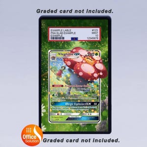 May include: A graded card holder with a Pok&eacute;mon trading card featuring Vileplume GX. The card has a colorful illustration of a mushroom-like creature. The holder includes a label with example information and a PSA grade.
