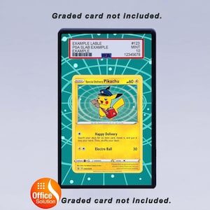 May include: A framed Pok&eacute;mon trading card featuring Pikachu in a postal worker uniform. The card is yellow with blue and red accents, and the text "Special Delivery Pikachu" is visible. The frame is black, and the background is teal with a dotted pattern. The text "Graded card not included" is at the top and bottom.