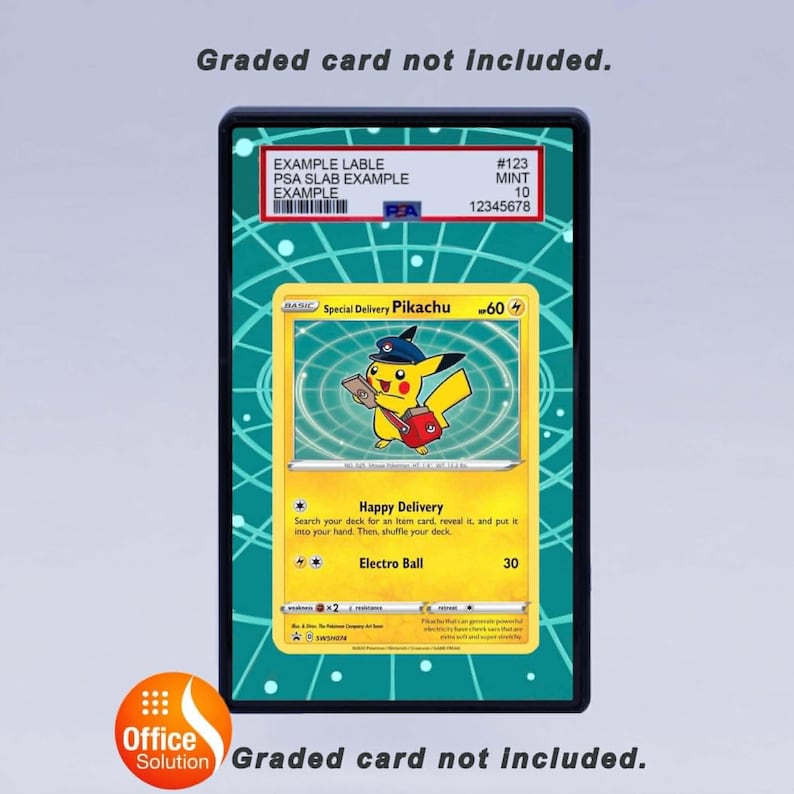 May include: A framed Pok&eacute;mon trading card featuring Pikachu in a postal worker uniform. The card is yellow with blue and red accents, and the text "Special Delivery Pikachu" is visible. The frame is black, and the background is teal with a dotted pattern. The text "Graded card not included" is at the top and bottom.