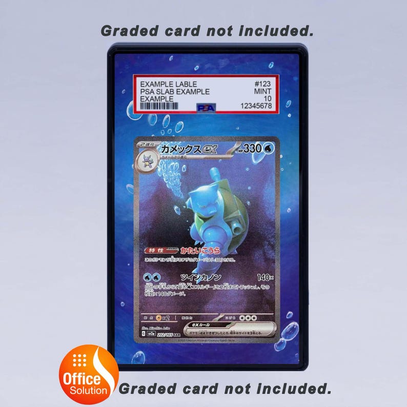 May include: A graded trading card featuring a blue and green cartoon character, encased in a protective holder. The holder has a label with text and a barcode. The text "Graded card not included" is at the top and bottom.