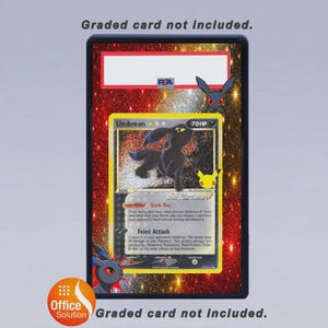 May include: A graded card holder with a Pokemon Umbreon card inside. The card features a black Umbreon illustration with the text "Dark Ray" and "Feint Attack". The holder has a red and gold glitter background with the text "Graded card not included."