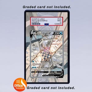 May include: A graded Pok&eacute;mon card in a black case. The card features a character named Palkia V with a 220 attack power. The case has a label with example information and a PSA grade of 10.
