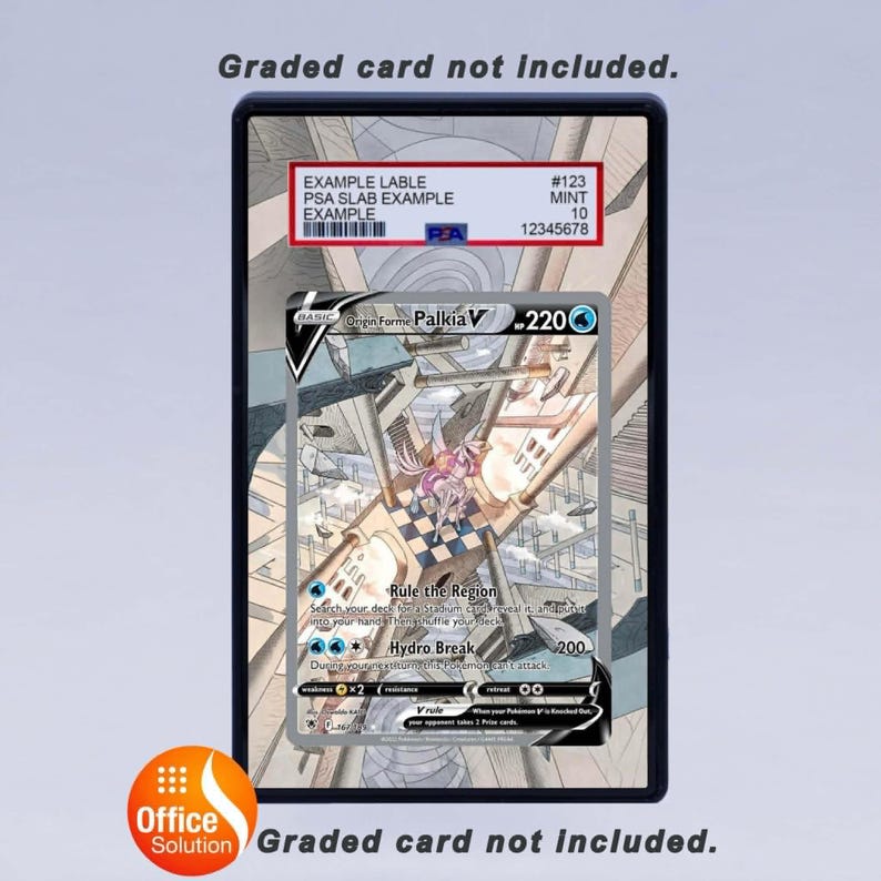 May include: A graded Pok&eacute;mon card in a black case. The card features a character named Palkia V with a 220 attack power. The case has a label with example information and a PSA grade of 10.