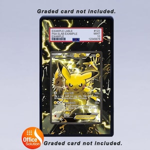 May include: A graded Pok&eacute;mon card featuring Pikachu EX, encased in a black protective holder. The card has a yellow and black design with the text "Pikachu EX" and "Iron Tail". The holder includes a label with example information.