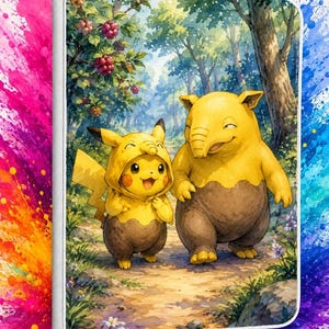 May include: A rectangular binder featuring a vibrant, multi-colored paint splatter border. The central illustration depicts a yellow Pikachu wearing a Drowzee-themed hood walking alongside a yellow and brown Drowzee on a forest path with berries.