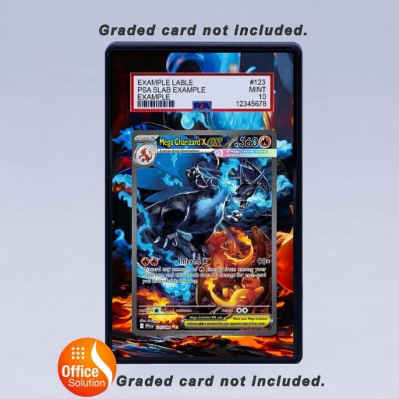 May include: A black display case with a Pokemon trading card inside. The card features a Mega Charizard X design. The case has a label with the text "EXAMPLE LABLE PSA SLAB EXAMPLE EXAMPLE". The text "Graded card not included" is also visible.