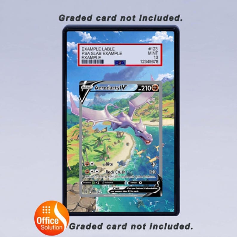 May include: A graded card holder with a Pokemon Aerodactyl V card inside. The card features a purple dragon-like creature over a tropical landscape. The holder has a label with example information and a PSA grade.