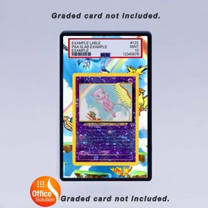 May include: A graded card in a black case featuring a Pokemon card with a pink Mew character, a rainbow, and a purple background. The case has a label with text and numbers. The background is a colourful illustration.