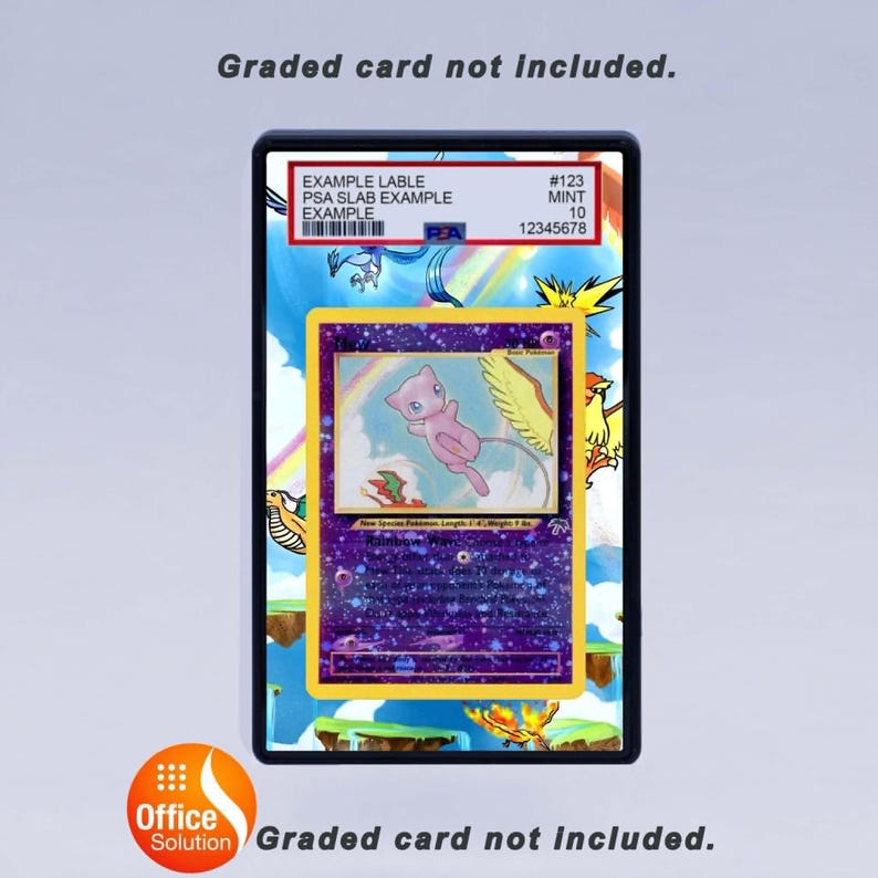 May include: A graded card in a black case featuring a Pokemon card with a pink Mew character, a rainbow, and a purple background. The case has a label with text and numbers. The background is a colourful illustration.