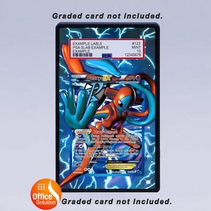 May include: A graded trading card featuring a Deoxys EX character with blue, orange, and black accents. The card is encased in a black holder with a label that includes a PSA grade of 10. The text "Graded card not included" is displayed.
