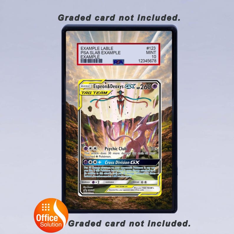May include: A Pok&eacute;mon trading card featuring Espeon & Deoxys GX. The card is in a protective case with a label that includes a barcode and grading information. The card's artwork depicts two Pok&eacute;mon in a colorful landscape. The text "Graded card not included" is visible.