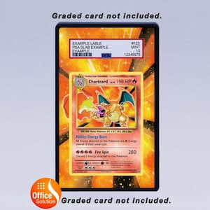 May include: A framed Charizard Pok&eacute;mon card with a holographic background. The card is graded and encased in a protective slab. The card features a Charizard illustration and text. The frame has the text "Graded card not included."