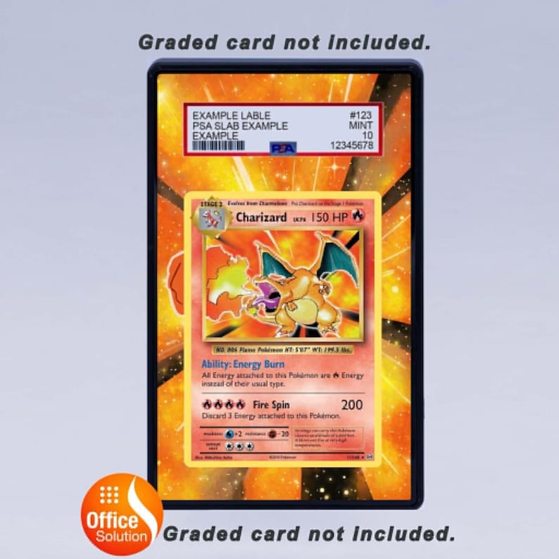 May include: A framed Charizard Pok&eacute;mon card with a holographic background. The card is graded and encased in a protective slab. The card features a Charizard illustration and text. The frame has the text "Graded card not included."