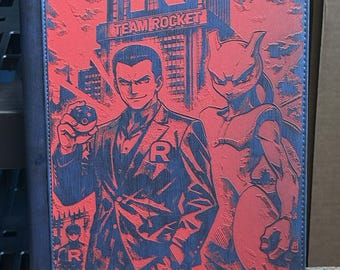Giovanni and Mewtwo in front of Team Rocket Tower Blue and Red Laser Engrave Ringless Zipper Binder 9 Slot Pocket Binder Pokemon