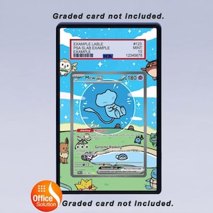 May include: A graded card case featuring a Mew ex Pok&eacute;mon card. The case has a blue and white background with various Pok&eacute;mon characters. The card itself is light blue with a Mew illustration and text. The case includes a label with example information.