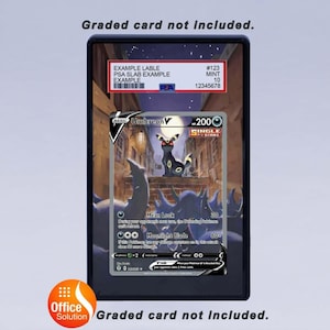 May include: A graded card in a black case featuring an Umbreon V Pok&eacute;mon card. The card has a black and yellow design with the text "Umbreon V" and "Moonlight Blade". The case has a label with example information.